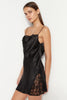 Black Lace Rope Strap Cowl Neck Satin Woven Nightgown