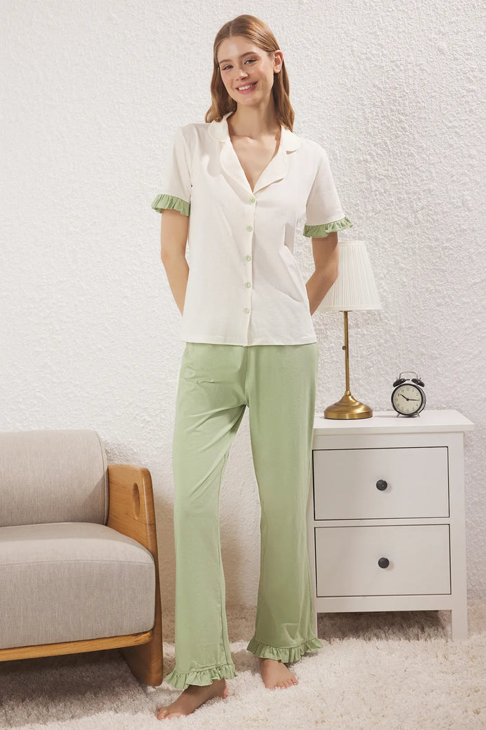 Green  Ruffle Detailed Knitted Pajama Set