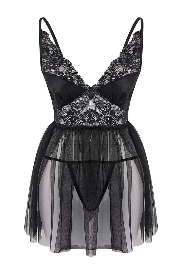 Black Unlined Lace Tulle/Mesh Strap Panty Babydoll/Fantasy Nightgown
