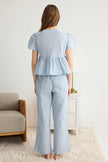 Blue Cotton Tie Detailed Woven Pajama Set