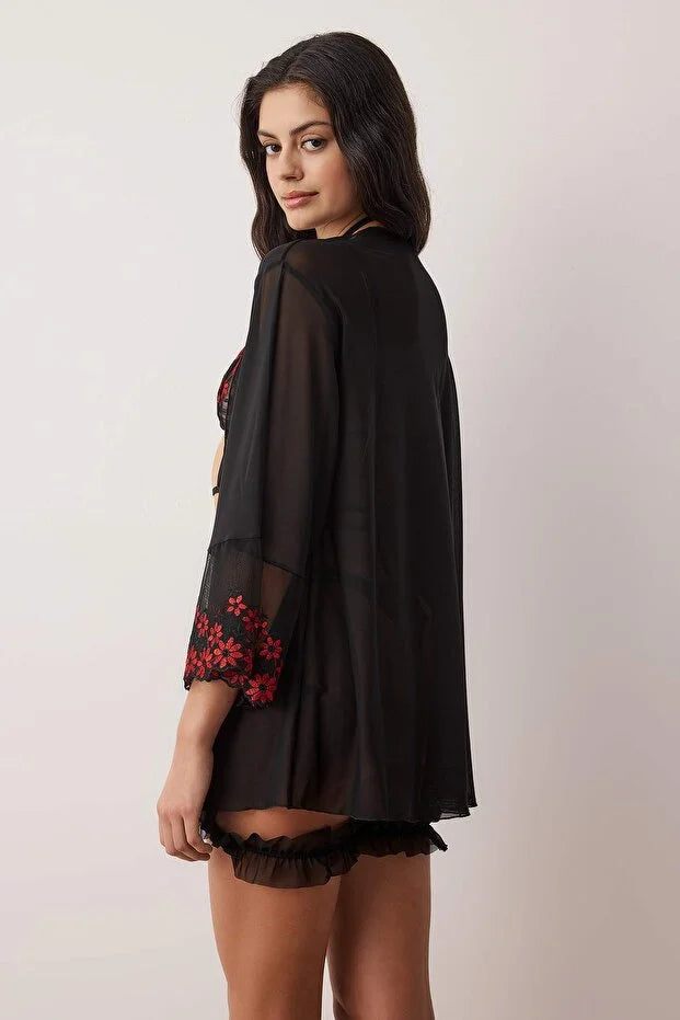 Black Robe and Floral Tulle Leg Band Unlined Lingerie Set