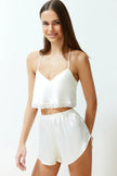 White Lace Rope Strap Crop Satin Shorts Woven Pajama Set