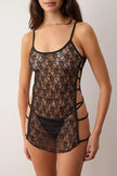 Black Lace Side Piping Unlined Babydoll/Fantasy Nightgown