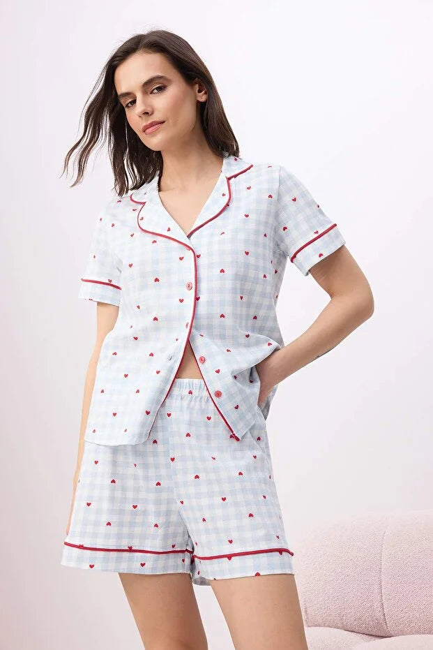 Blue 100% Cotton Heart & Plaid Printed Piping Detail Knit Pajama Set