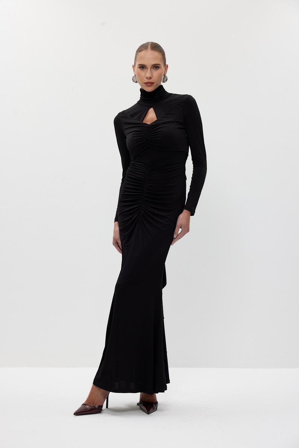 Black Long Dress with Draped Decollete Detail