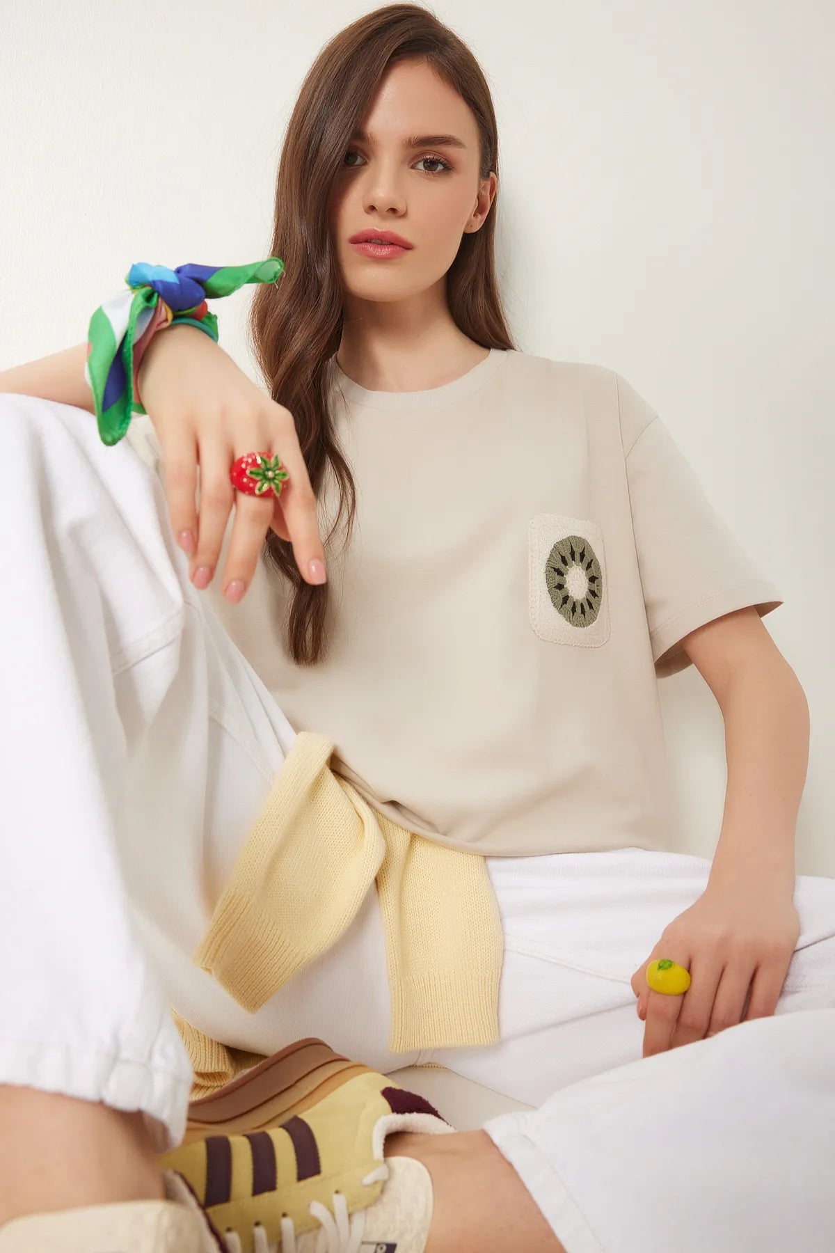 Embroidered Pocket Cotton T-shirt CREAM