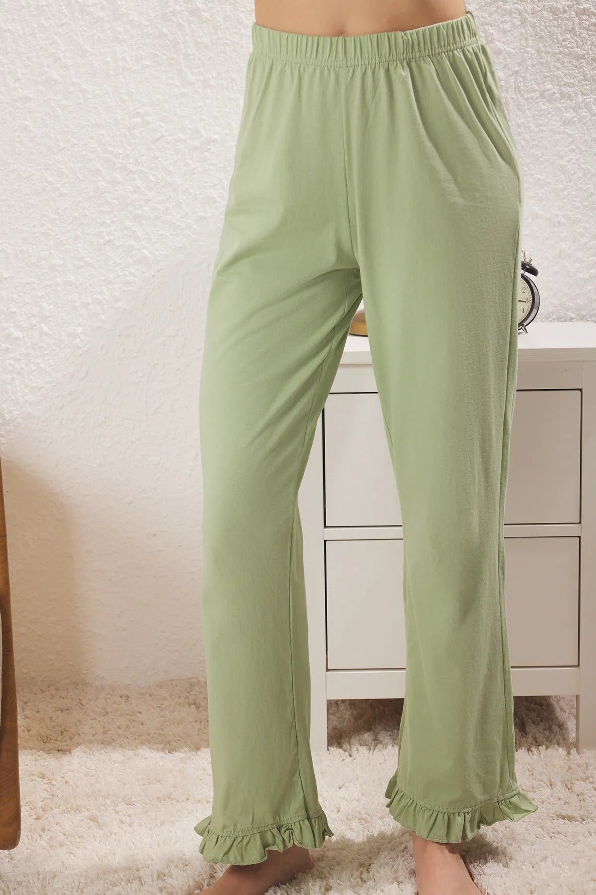 Green  Ruffle Detailed Knitted Pajama Set
