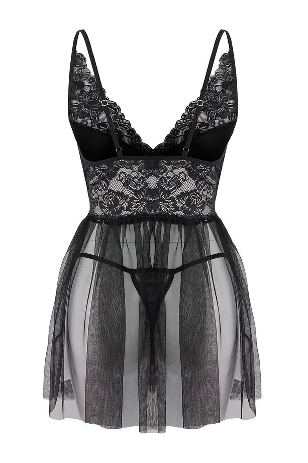 Black Unlined Lace Tulle/Mesh Strap Panty Babydoll/Fantasy Nightgown