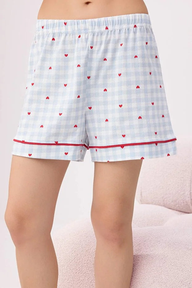 Blue 100% Cotton Heart & Plaid Printed Piping Detail Knit Pajama Set