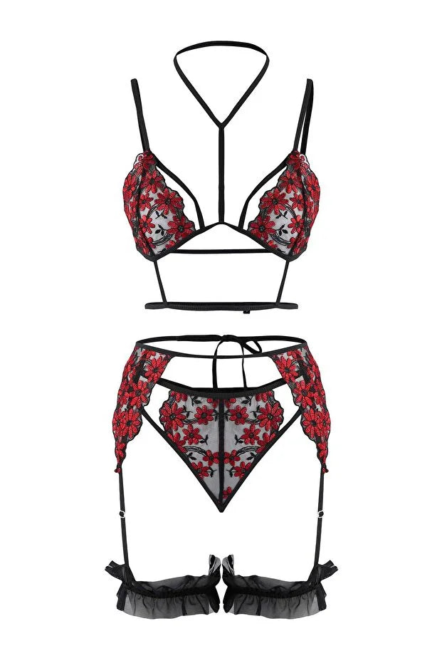 Black Robe and Floral Tulle Leg Band Unlined Lingerie Set