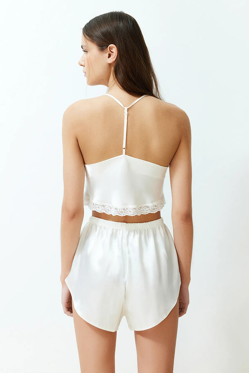 White Lace Rope Strap Crop Satin Shorts Woven Pajama Set