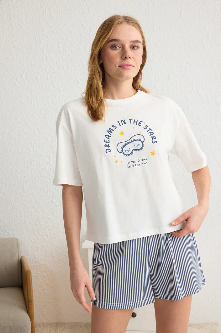 White-Blue 100% Cotton Striped Slogan Printed Sleep Band Knitted Pajama Set