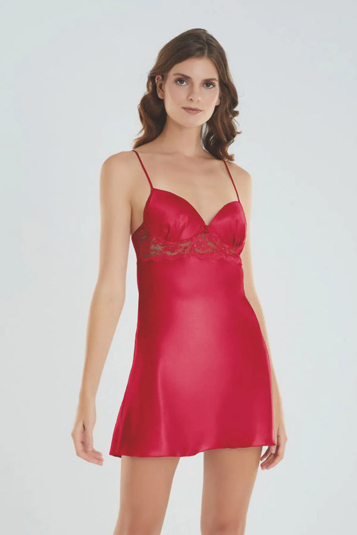 Burgundy Lace Detailed Rope Strap Satin Woven Nightgown