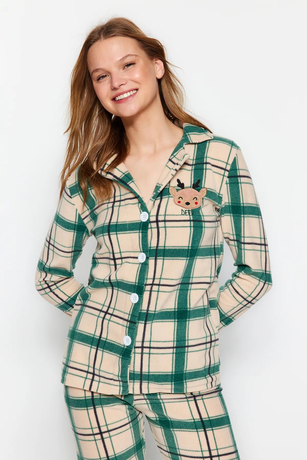 Green Embroidered Plaid Polar Winter Knitted Pajama Set