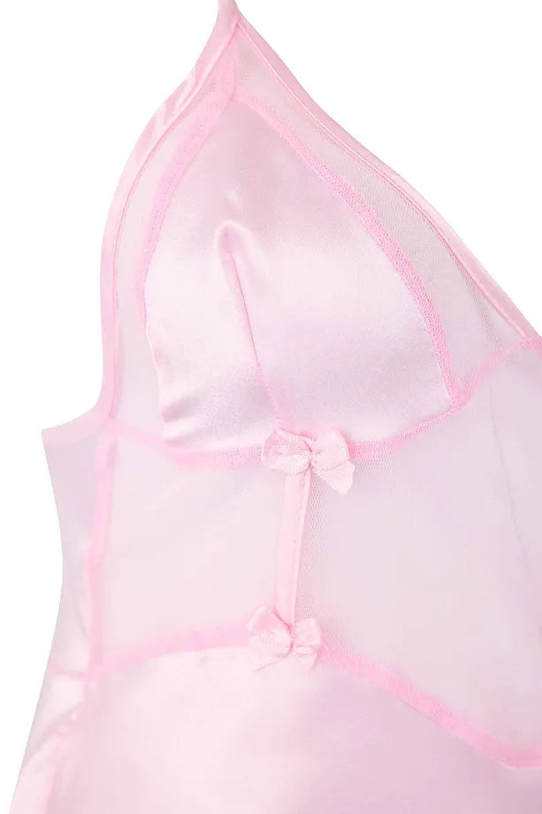 Pink Tulle/Mesh and Back Detailed Coverless Strap Satin Babydoll/Fantasy Nightgown