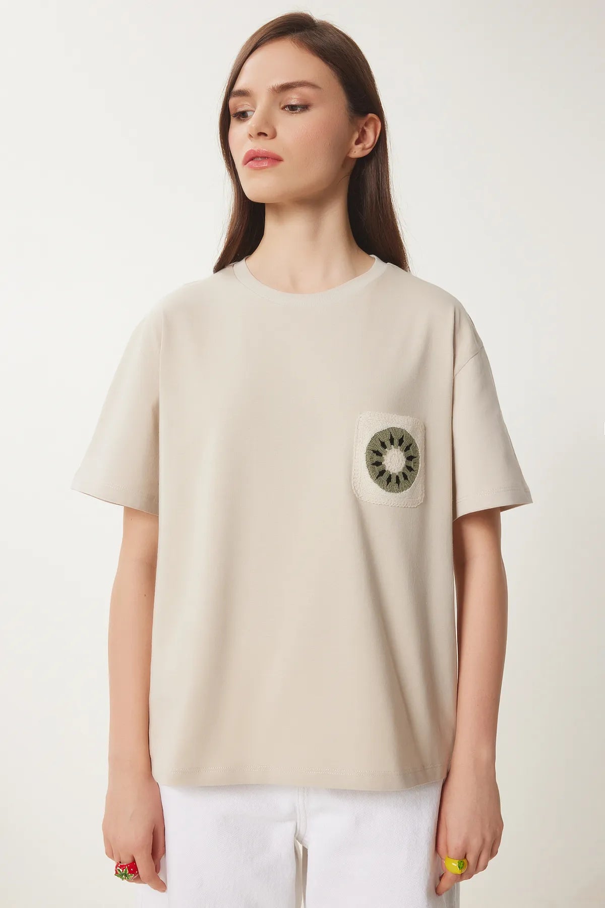 Embroidered Pocket Cotton T-shirt CREAM