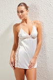 Bride/Bridal White Satin Lace and Slit Detail Woven Babydoll/Fantasy Nightgown