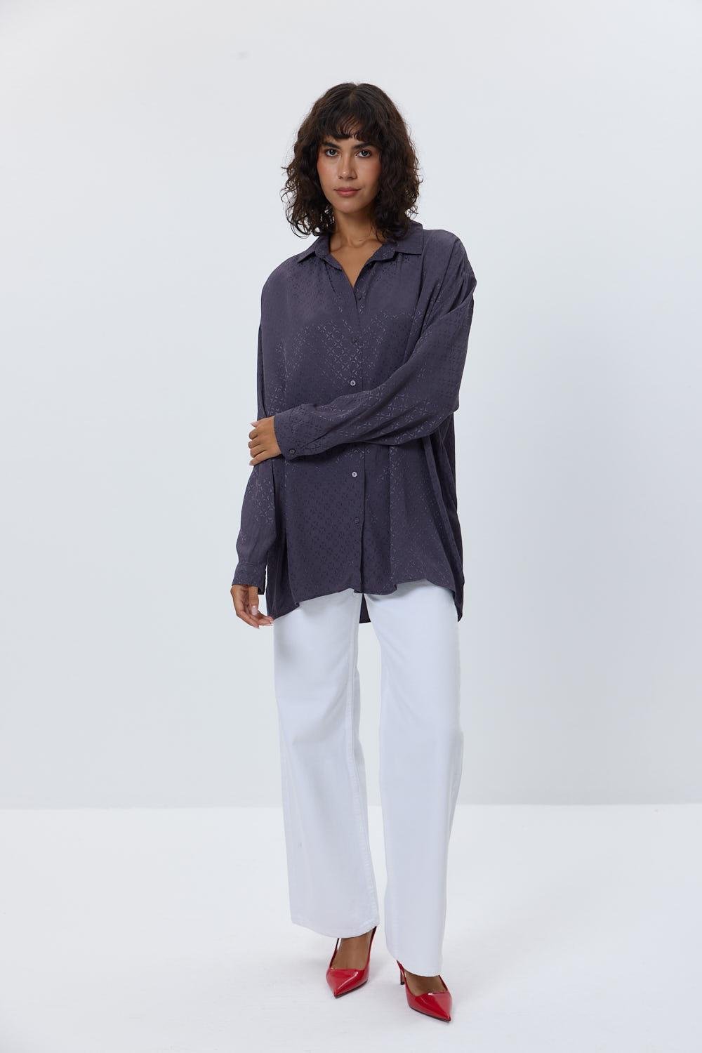 Oversize Patterned Satin Füme Women's Shirt