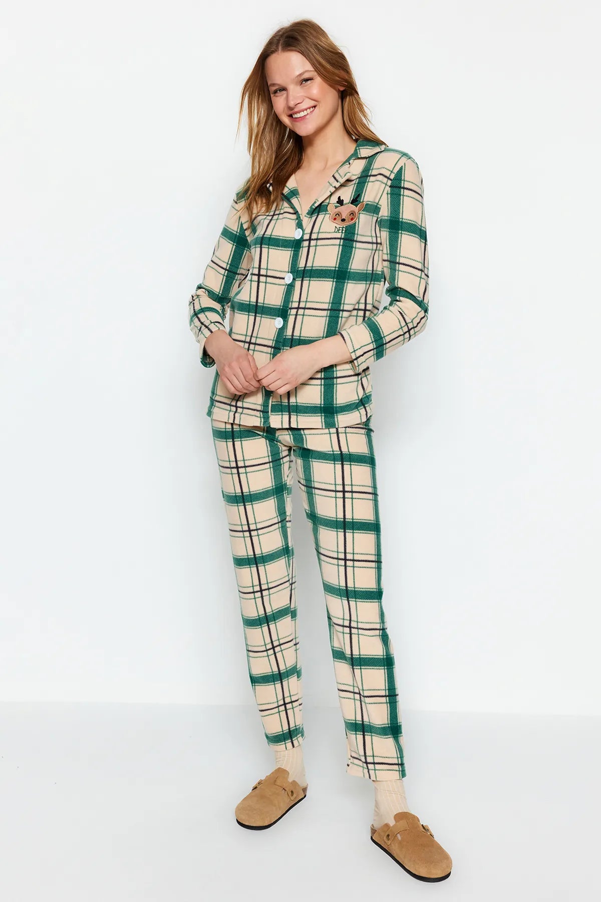 Green Embroidered Plaid Polar Winter Knitted Pajama Set