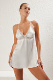 Bride/Bridal White Satin Lace and Slit Detail Woven Babydoll/Fantasy Nightgown