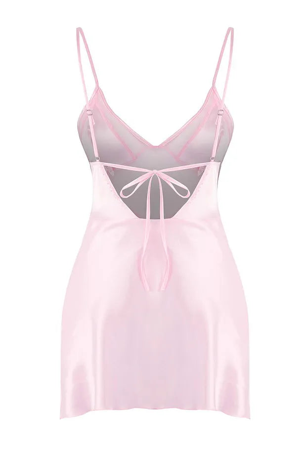 Pink Tulle/Mesh and Back Detailed Coverless Strap Satin Babydoll/Fantasy Nightgown