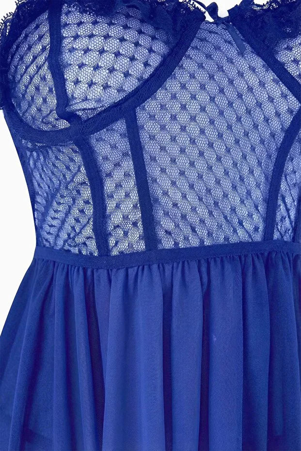 Dark Blue Polka Dot Babydoll with Bust Detail / Fantasy Nightdress