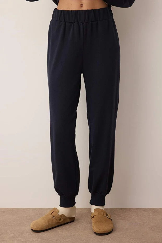 Navy Blue Christmas-Themed Slogan Embroidered Knitted Pajama Set