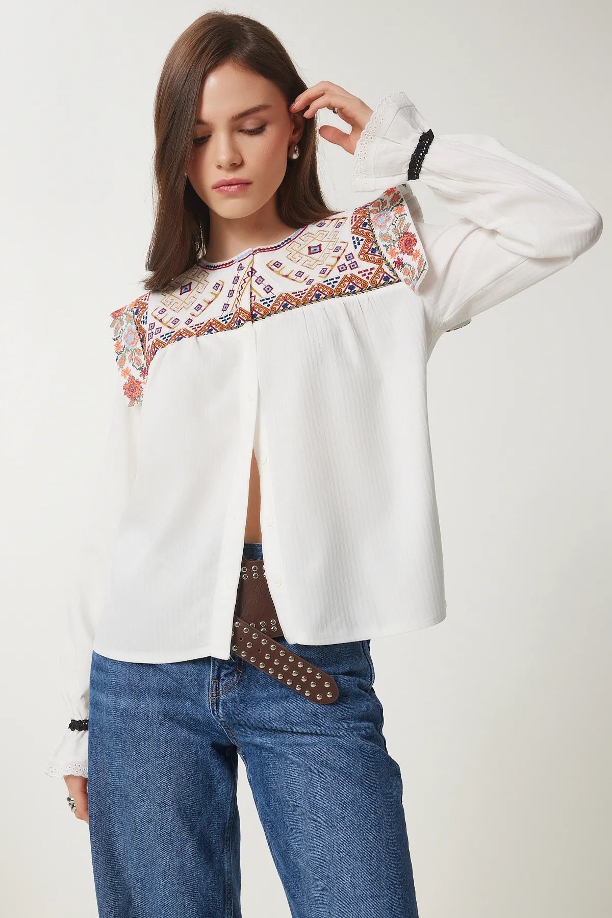 Embroidered Cotton Shirt Blouse WHITE