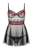 Black Heart Embroidered Non-Padded Fantasy Nightdress / Babydoll