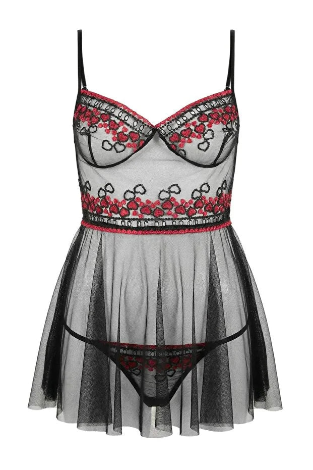 Black Heart Embroidered Non-Padded Fantasy Nightdress / Babydoll