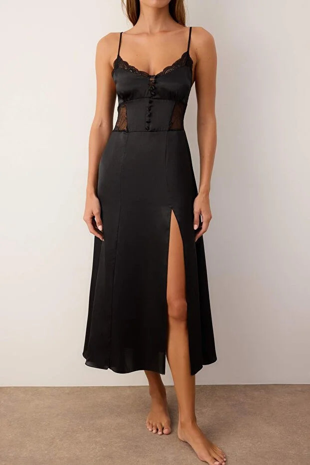 Black Plain Satin Weave Nightgown | Home Wear | Lingerie | Lebbse Black Plain Satin Weave Nightgown | Home Wear | Lingerie | Lebbse