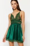 Green Satin Lace Rope Strap Knitted Babydoll