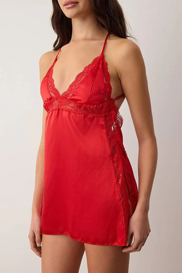 Red Satin Plain Uncapped Babydoll