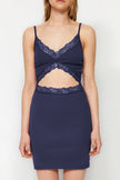 Navy Blue Cotton Lace Rope Strap Ribbed Knit Nightgown