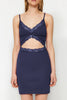 Navy Blue Cotton Lace Rope Strap Ribbed Knit Nightgown