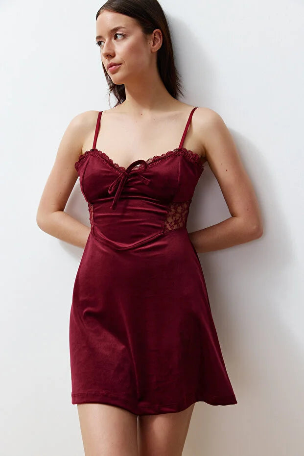 Burgundy Soft-Feel Laced Velvet Knit Nightgown with Rope Straps