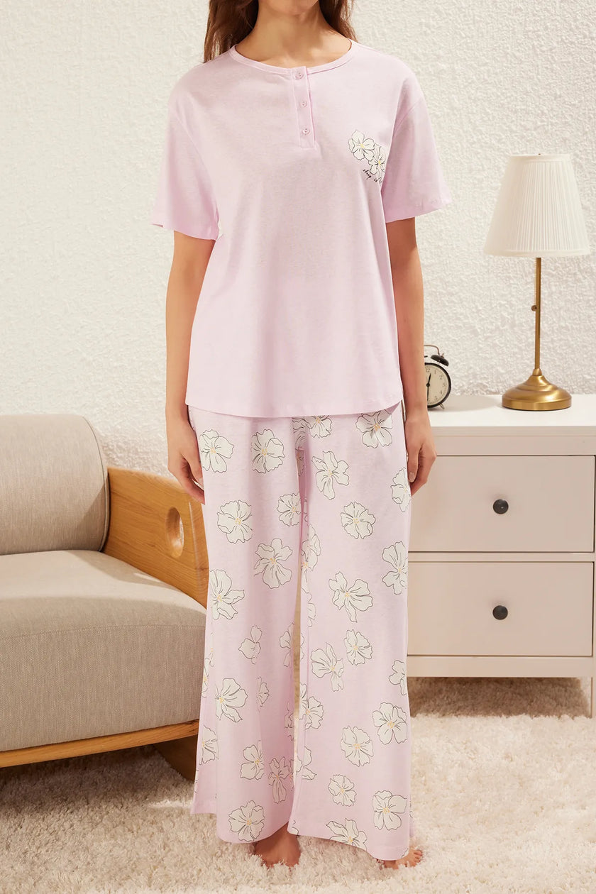 Floral Buttoned Knitted Pajama Set