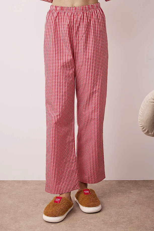 Red Plaid Woven Pajama Set with Tie Detail
