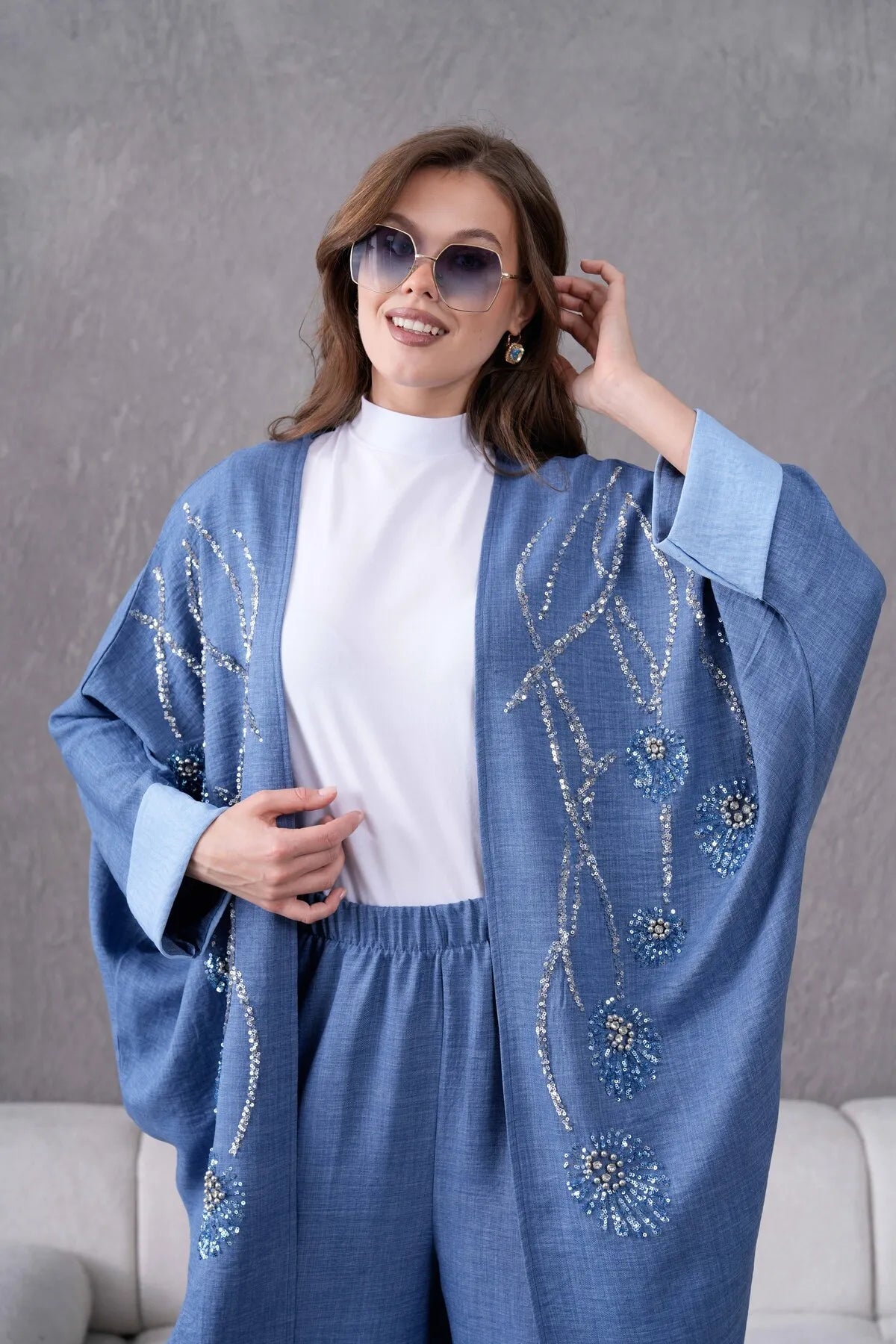 Women's Linen Kimono Suit with Sequin Embroidery and Pearl Detail on Front