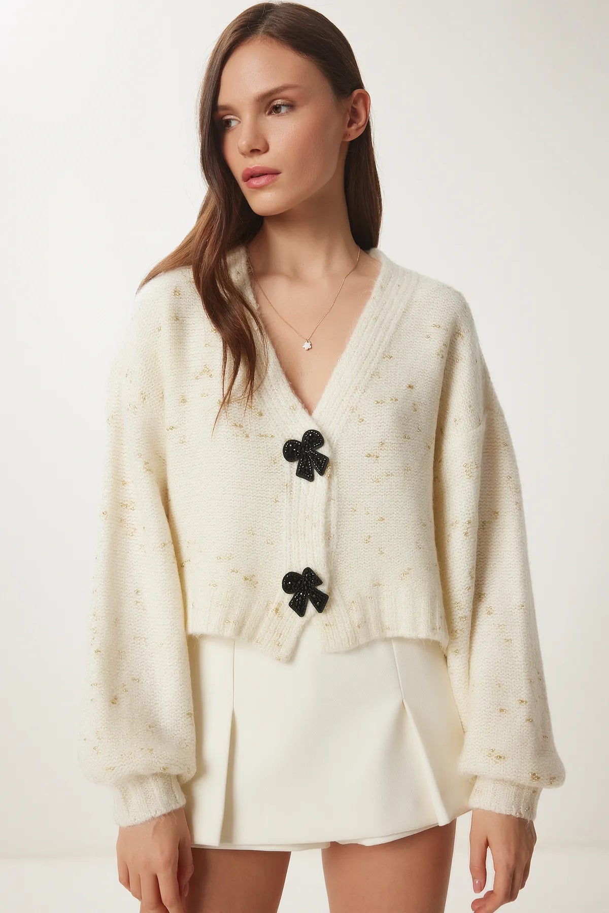 Stylish Bow Buttoned Sparkly Knitted Cardigan