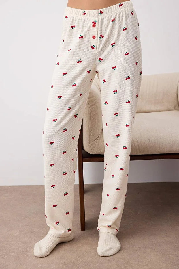 Offwhite-Red Cherry Zippered Soft Winter Waffle Knit Pajama Set