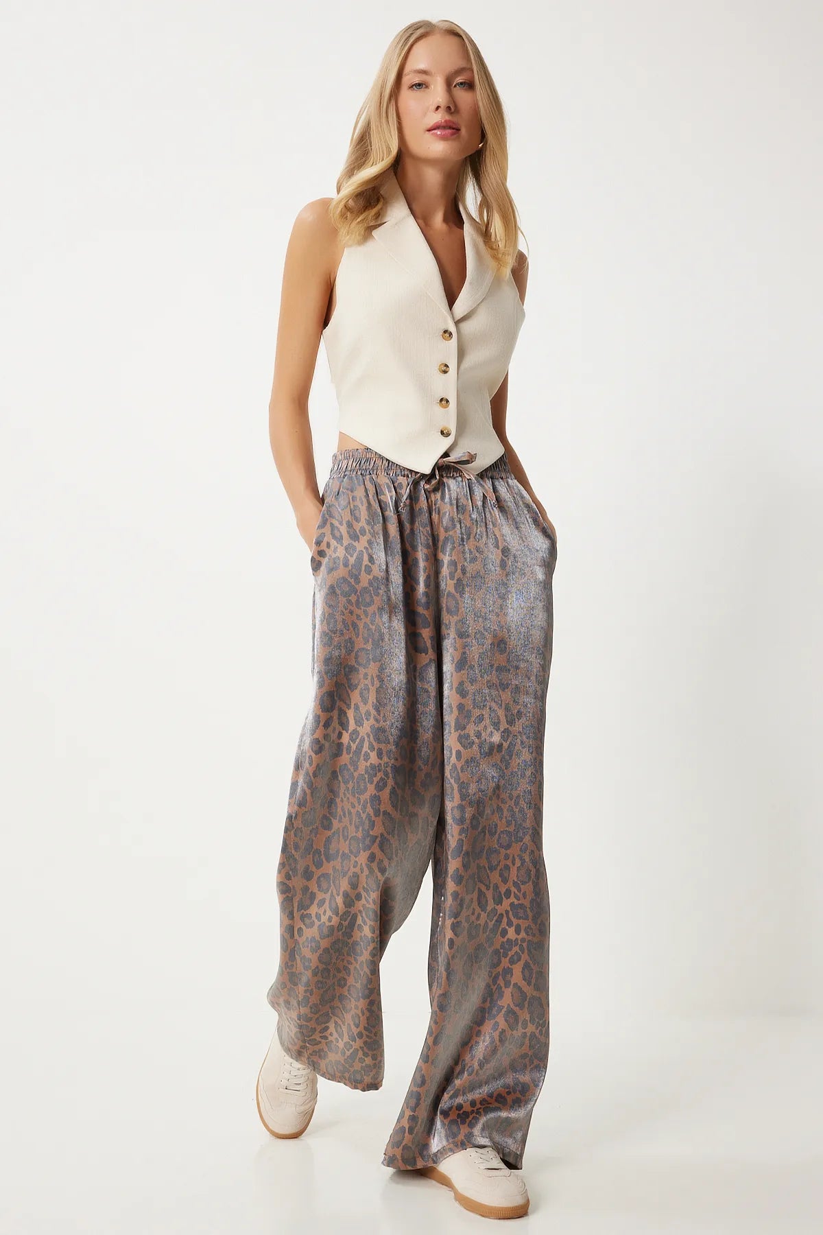 Black Beige Leopard Pattern Shiny Surface Loose Trousers