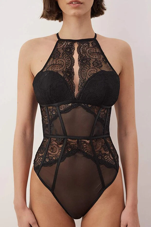 Black Covered Knit Bodysuit with Lace Piping Detail