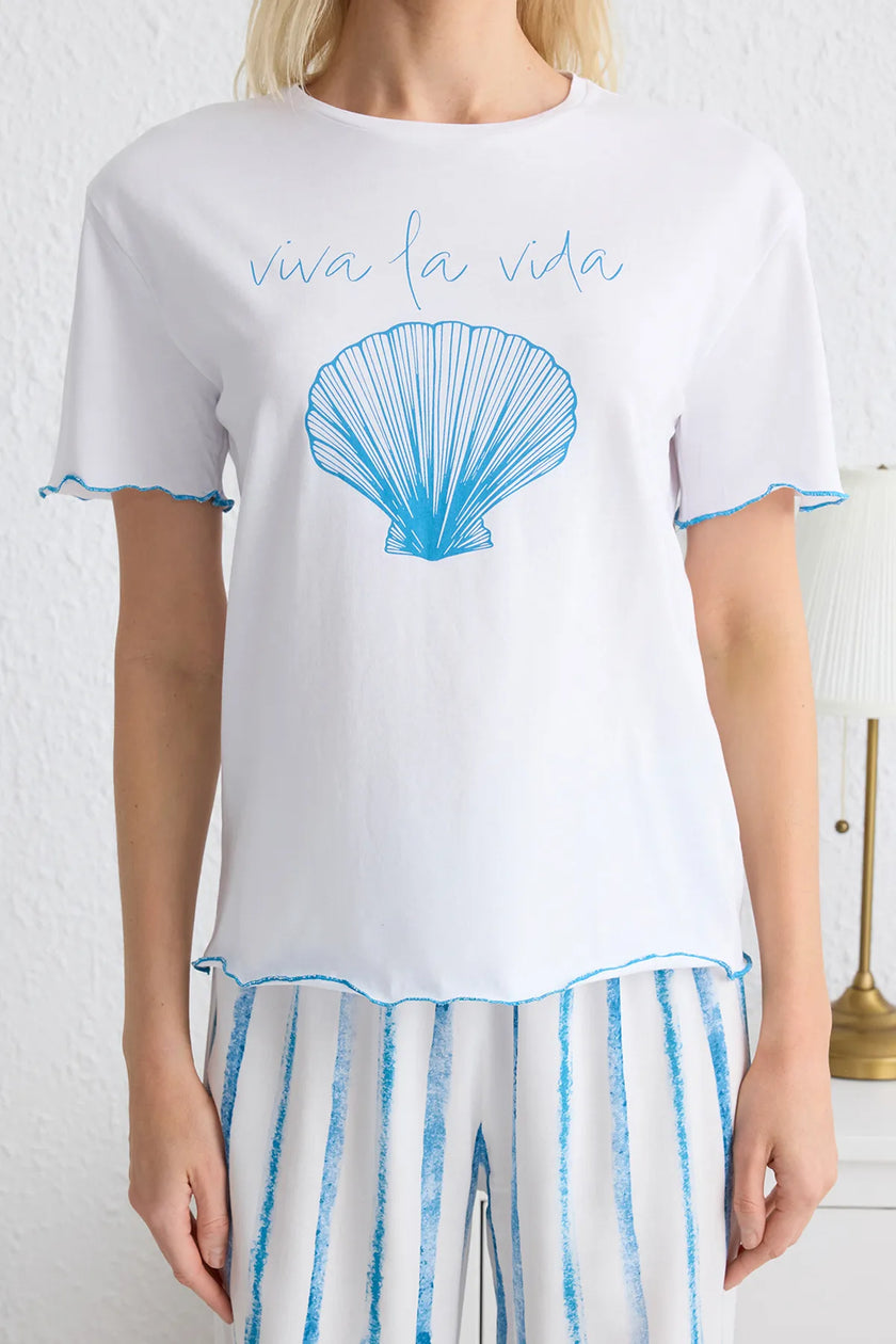 White-Blue 100% Cotton Striped Printed Baby Overlock Detailed Knitted Pajama Set