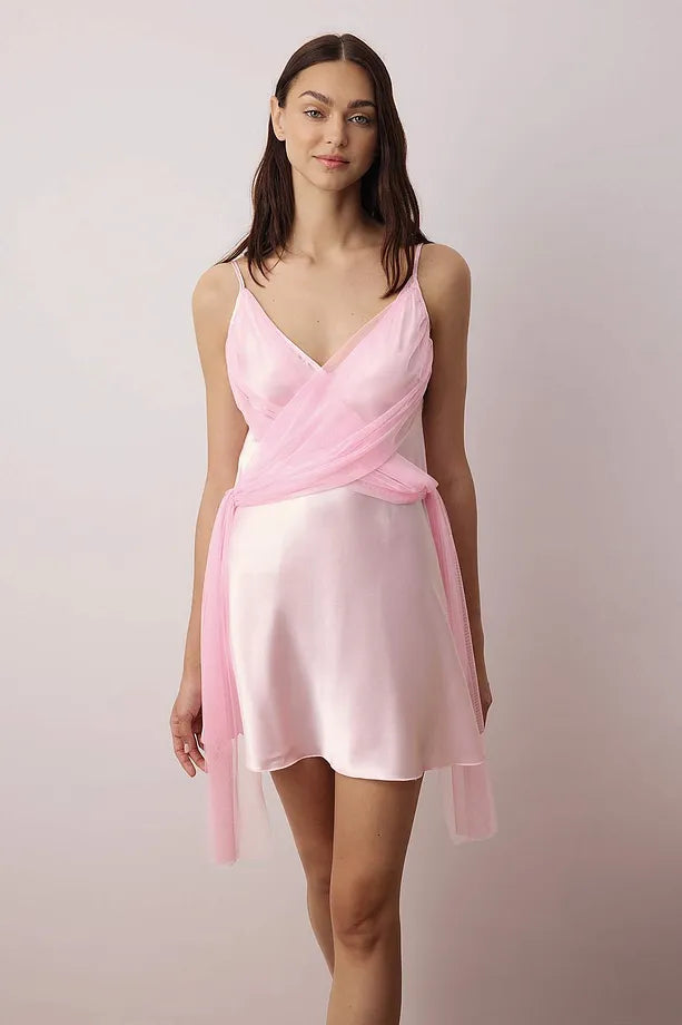Satin-Woven Nightgown with Powder Tulle Detail and Straps | Nightgowns | Home Wear | Lingerie Satin-Woven Nightgown with Powder Tulle Detail and Straps | Nightgowns | Home Wear | Lingerie