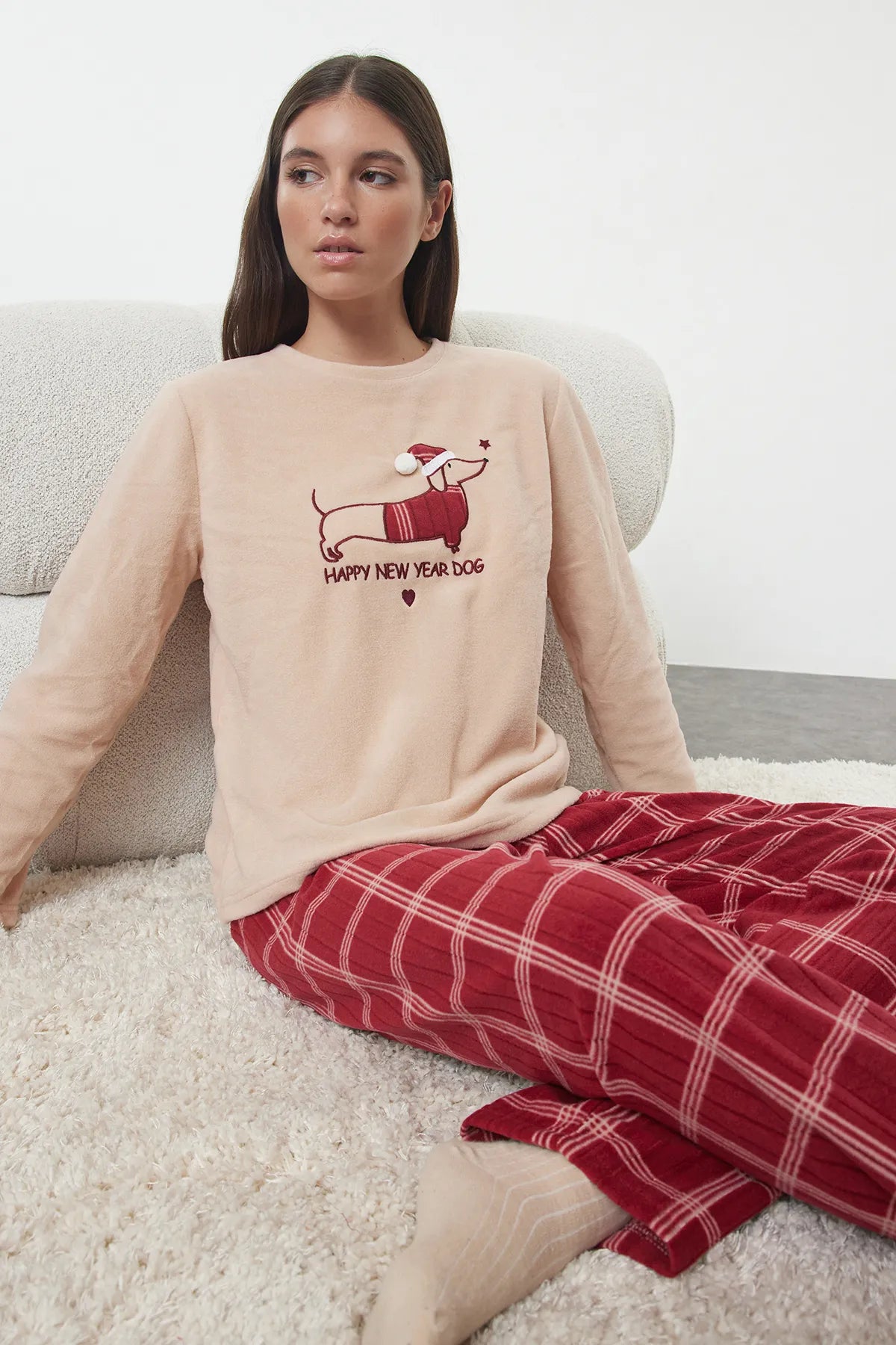 Salmon Plaid New Year Themed Polar Winter Knitted Pajama Set