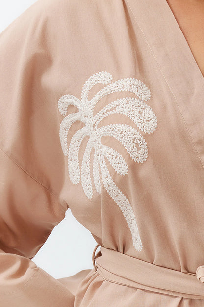 Beige Belted Mini Woven Embroidered 100% Cotton Kimono Kaftan