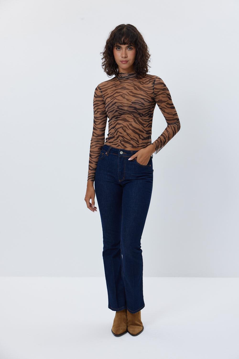 Zebra Patterned Brown Tulle Blouse