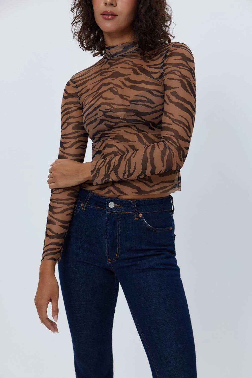 Zebra Patterned Brown Tulle Blouse