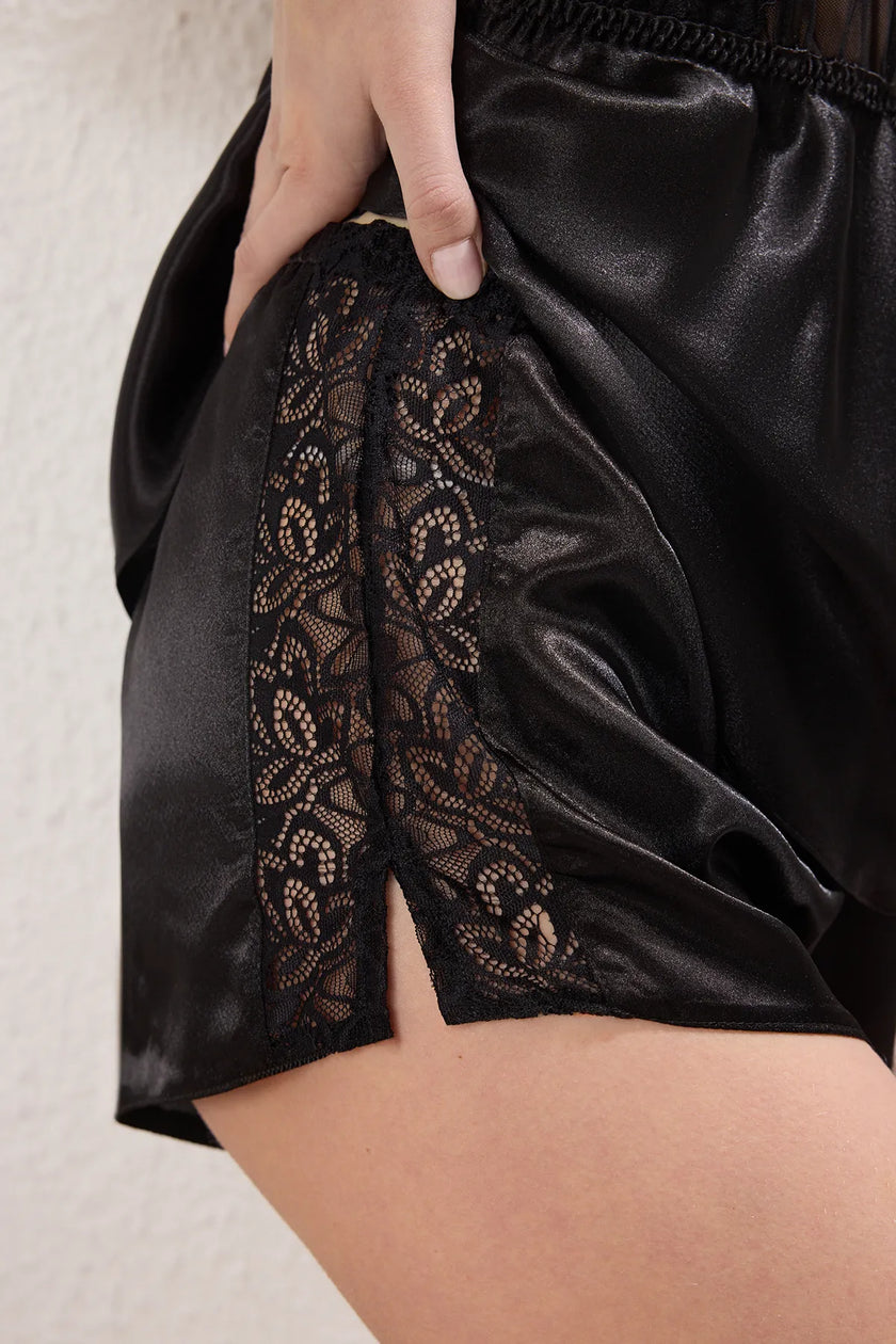 Black Lace and Back Detailed Rope Strap Satin Shorts Woven Pajama Set